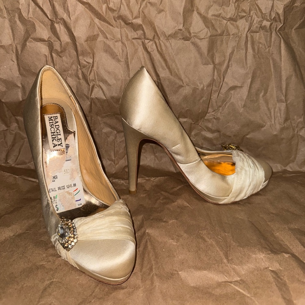 Badgley Mischka Satin Gold Heels with Embellishment